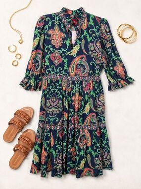Avanti Navy Paisley Tiered Midi Dress